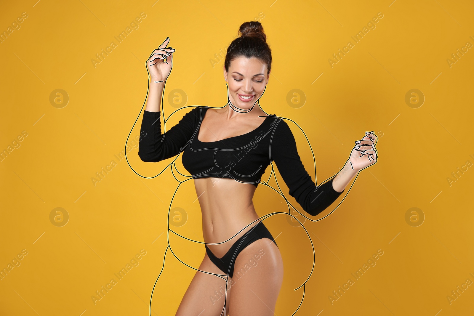 Image of Beautiful slim woman after weight loss on yellow background 