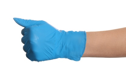 Woman in blue latex gloves showing fist on white background, closeup of hand