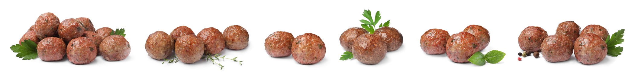 Image of Set with tasty cooked meatballs on white background. Banner design