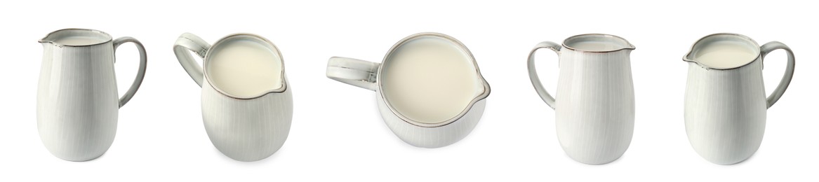 Image of Collage with pitcher of milk isolated on white, different angles