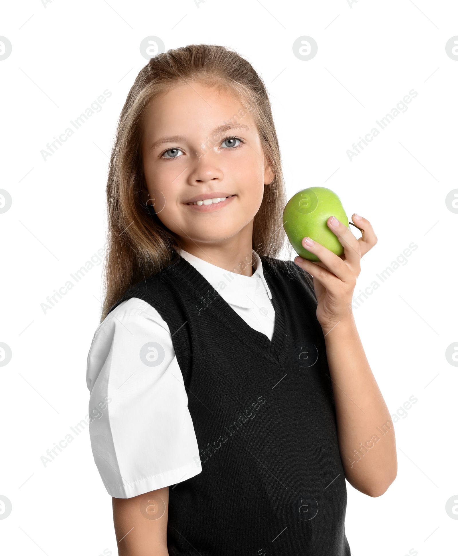 Photo of Happy girl with apple on white background. Healthy food for school lunch