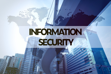 Image of Text INFORMATION SECURITY, world map and cityscape on background