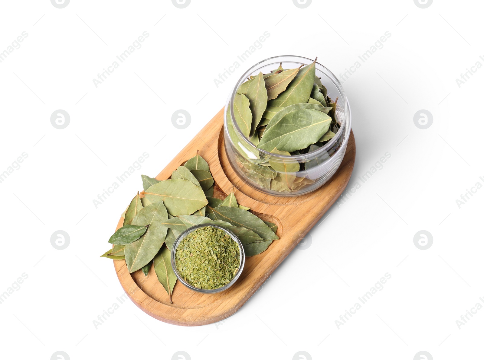 Photo of Whole and ground aromatic bay leaves on white background, top view