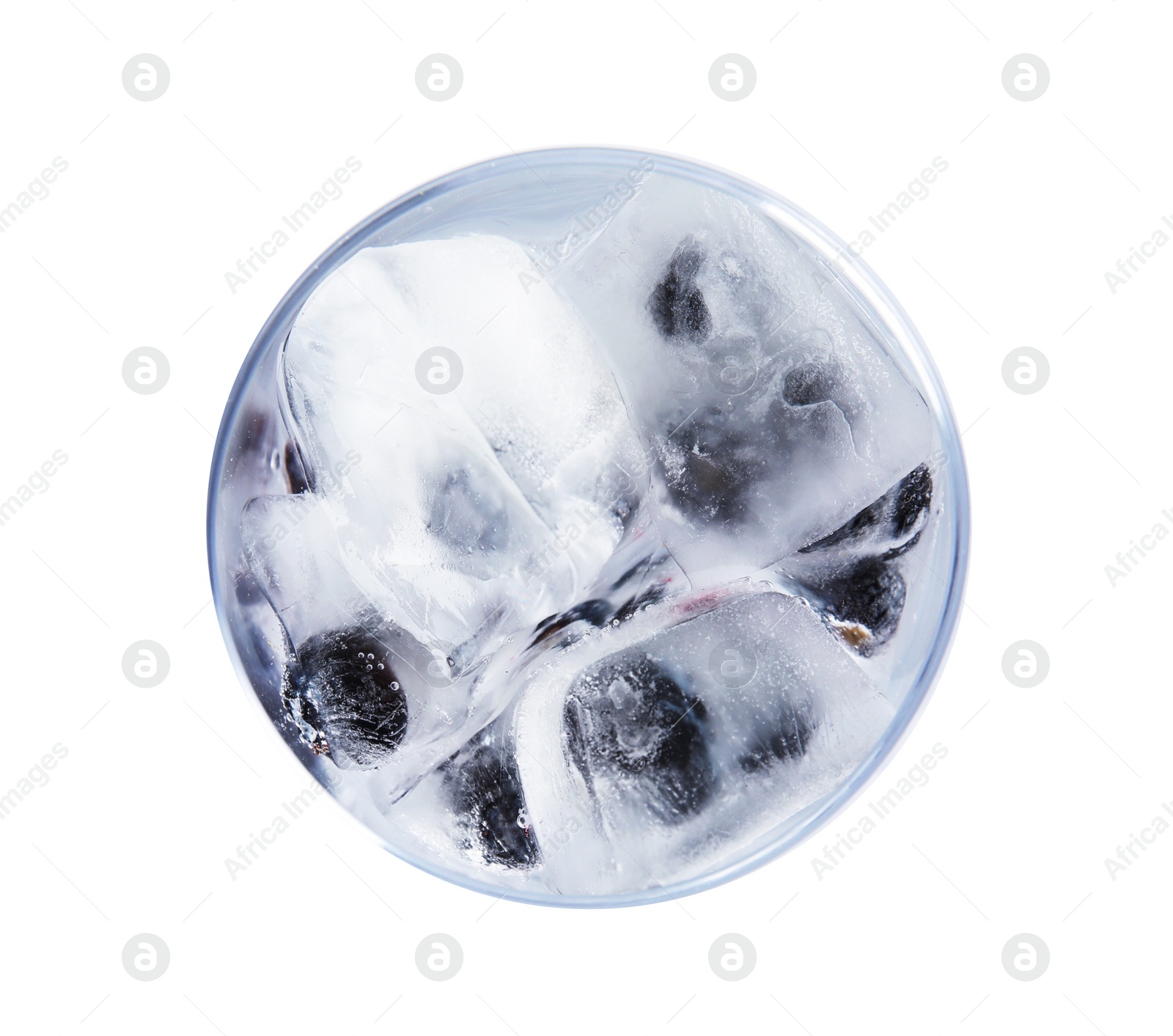 Photo of Glass of drink with blueberry ice cubes on white background, top view