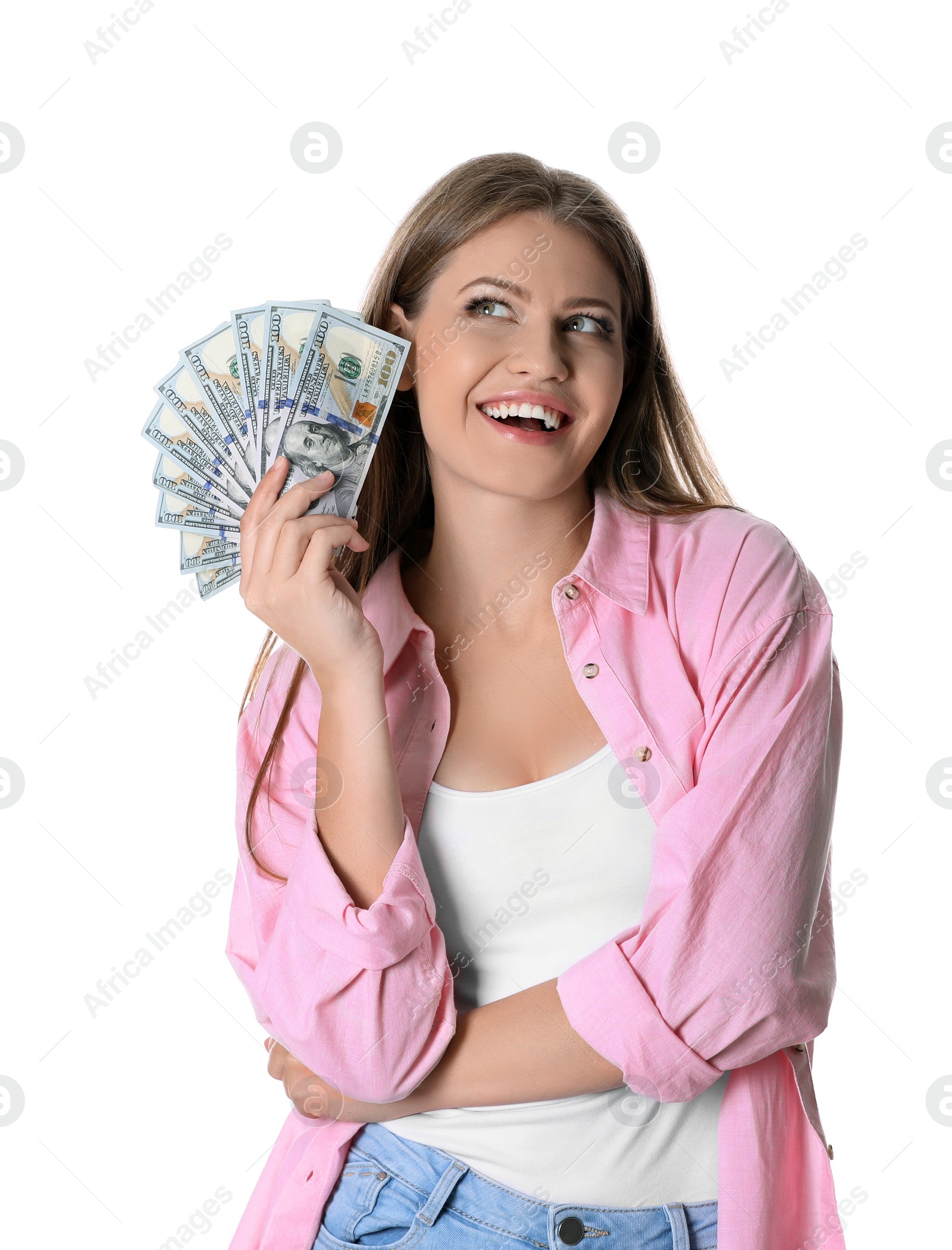 Photo of Portrait of happy young woman with money on white background