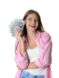 Portrait of happy young woman with money on white background