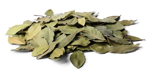 Pile of aromatic bay leaves on white background