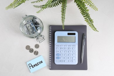 Photo of Calculator, money, notebook, pen, green plant and note with word Pension on white table, flat lay. Retirement concept