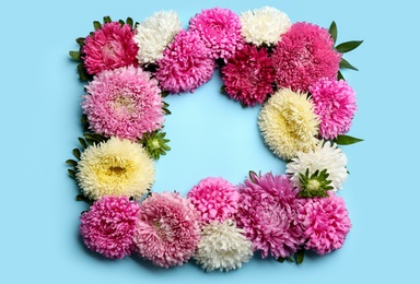 Photo of Frame of beautiful asters on light blue background, flat lay. Autumn flowers