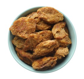 Photo of Delicious cooked soy meat in bowl on white background, top view