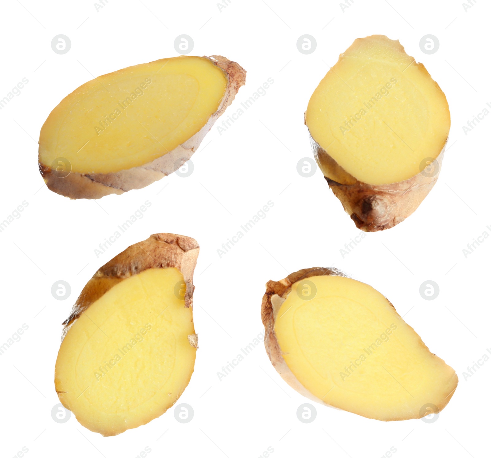 Image of Set of fresh ginger slices on white background