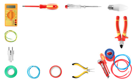 Image of Frame of different electrician's tools and equipment on white background