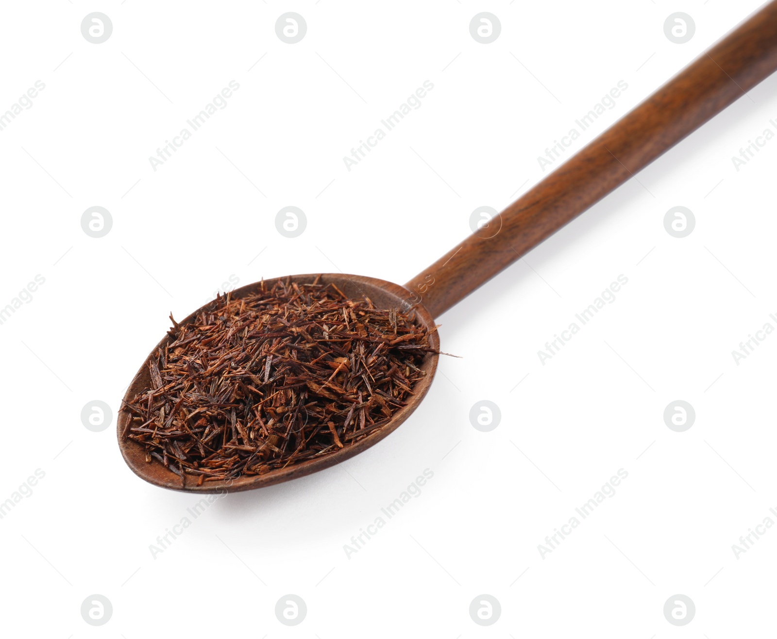 Photo of Rooibos tea in spoon isolated on white