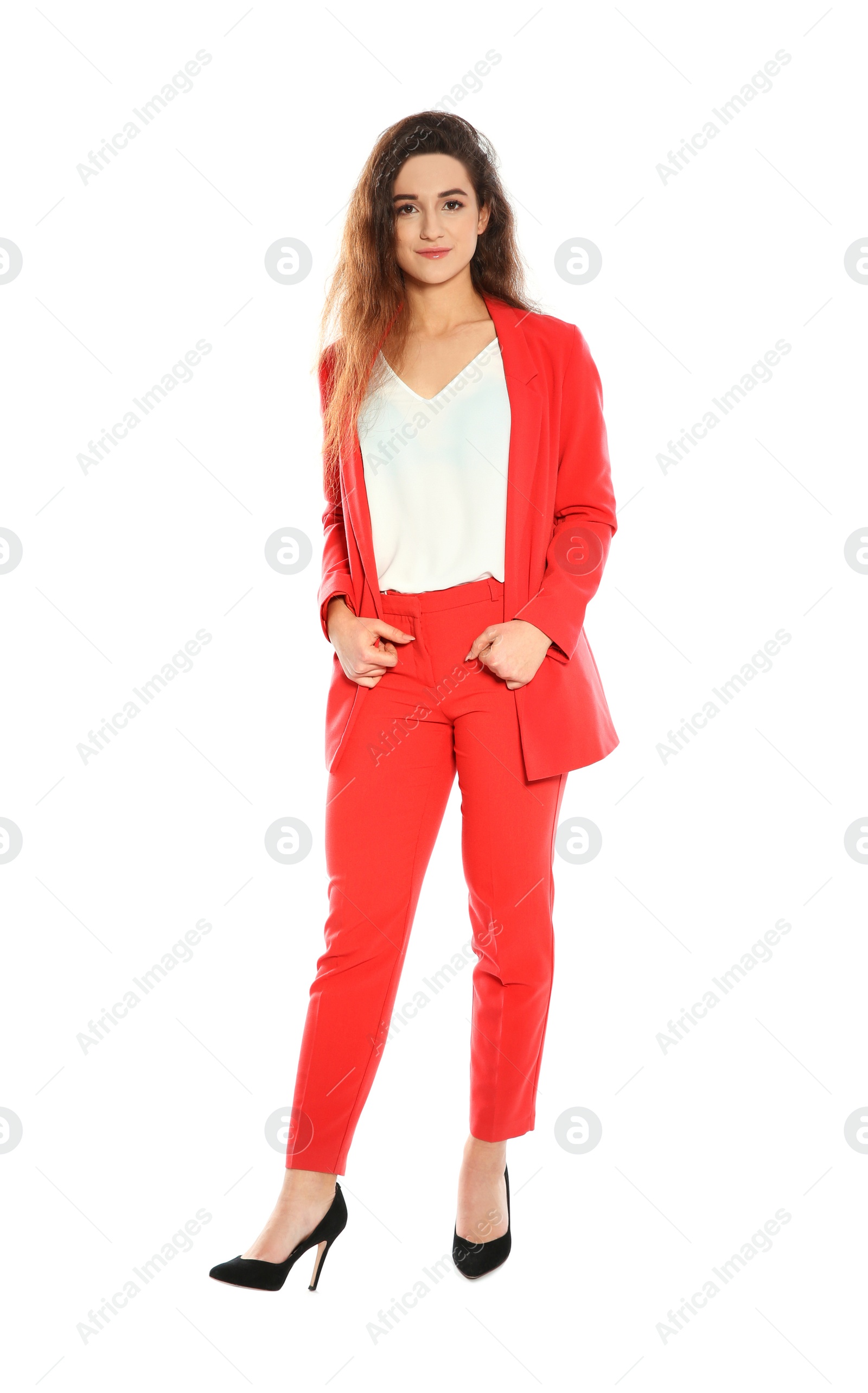 Photo of Beautiful young woman in stylish suit on white background