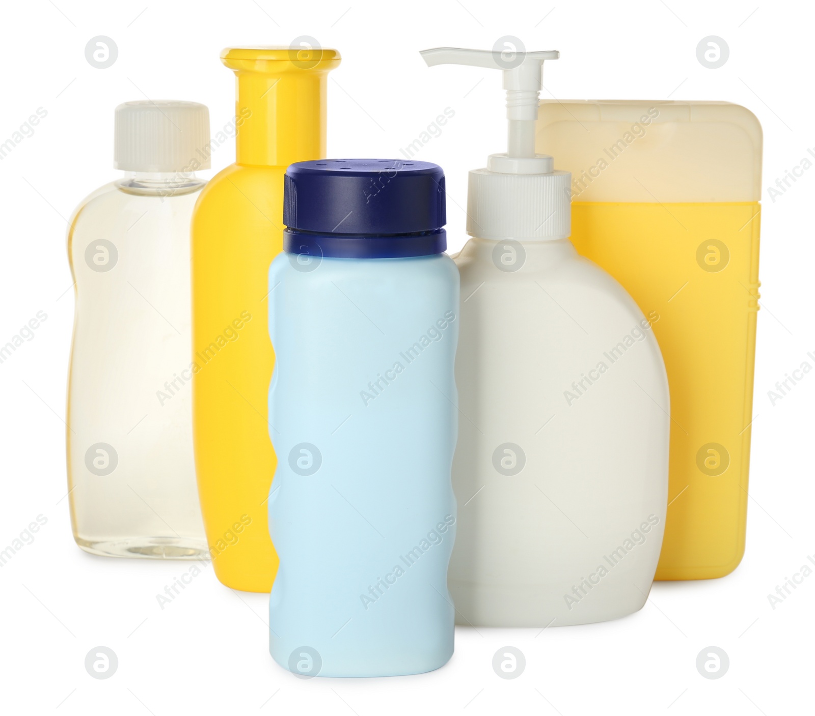 Photo of Bottles of baby cosmetic products on white background