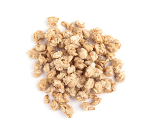 Image of Heap of tasty crispy granola on white background, top view