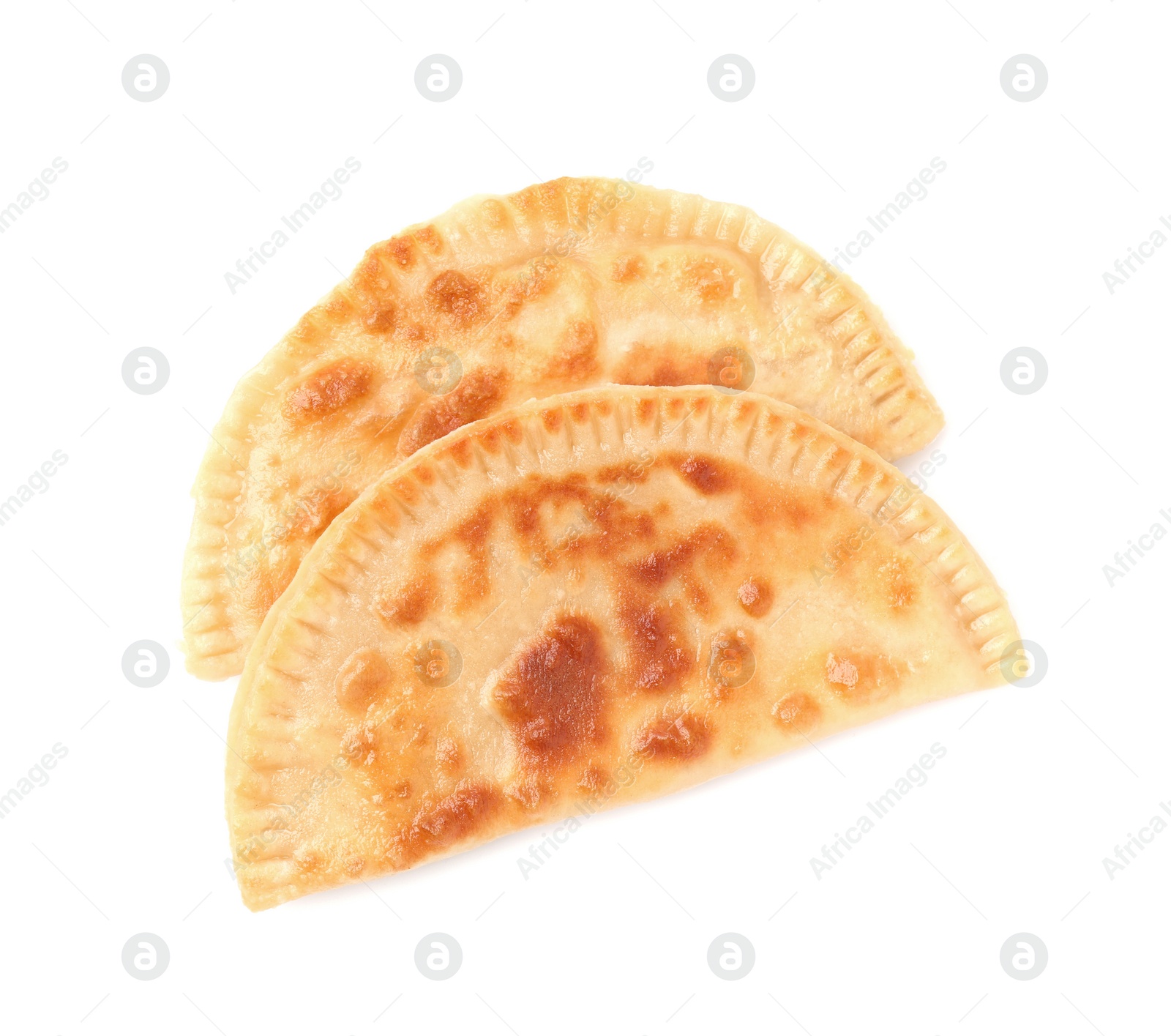 Photo of Delicious fried chebureki with cheese isolated on white, top view