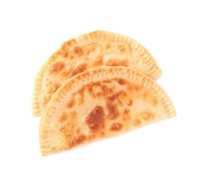 Photo of Delicious fried chebureki with cheese isolated on white, top view