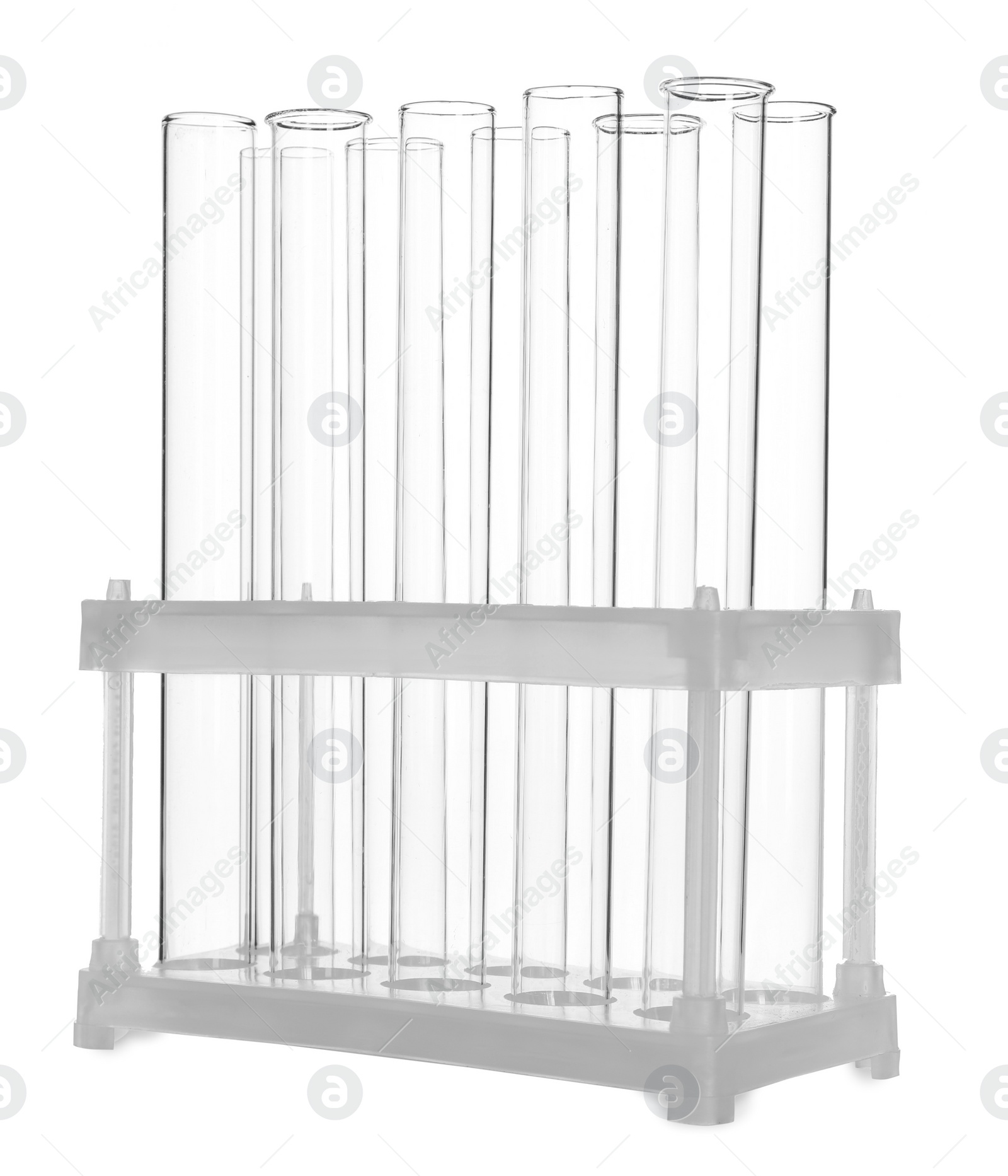 Photo of Stand with many empty test tubes isolated on white