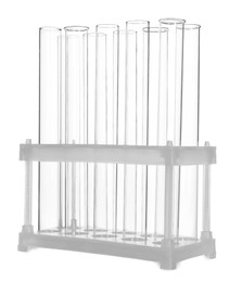 Photo of Stand with many empty test tubes isolated on white