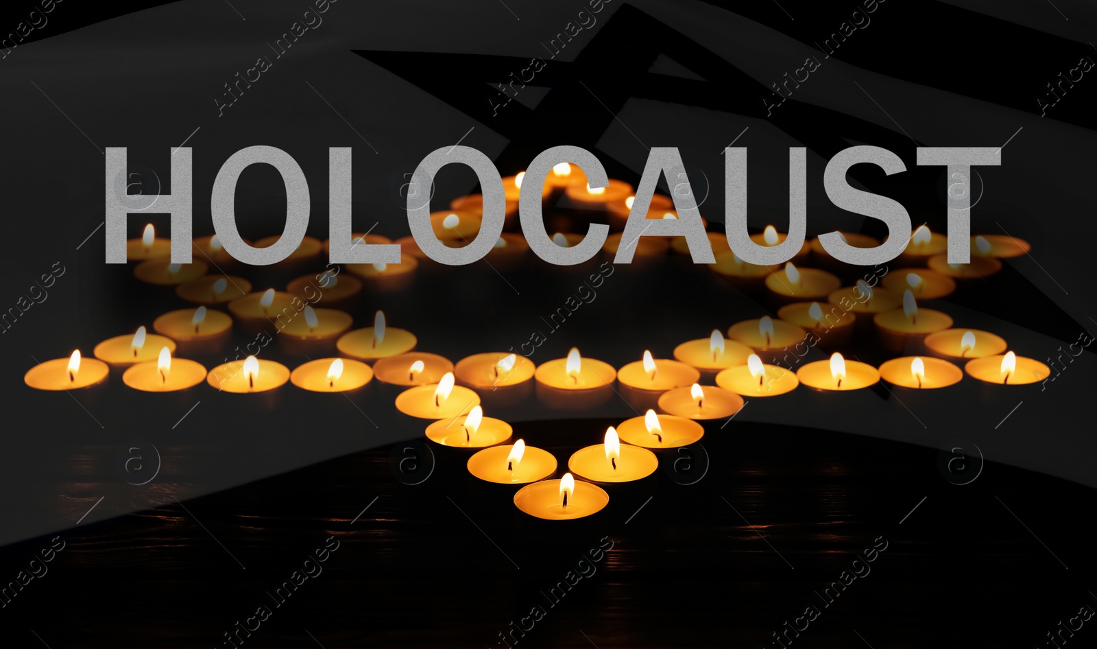 Image of Holocaust memory day, banner design. Star of David made with burning candles and flag of Israel, double exposure