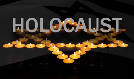 Image of Holocaust memory day, banner design. Star of David made with burning candles and flag of Israel, double exposure