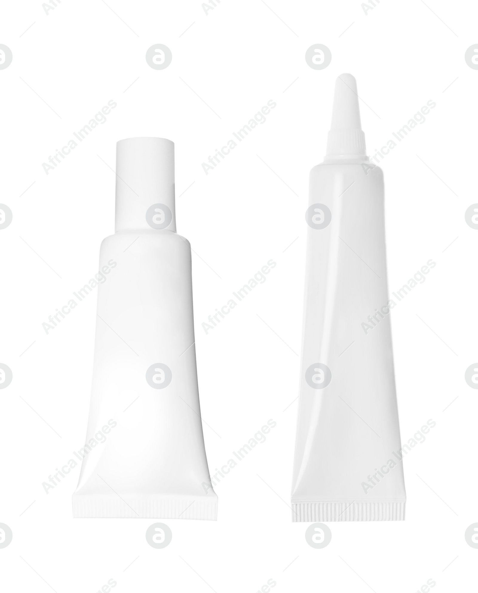 Image of Blank tubes of cosmetic products on white background, collage. Mockup for design