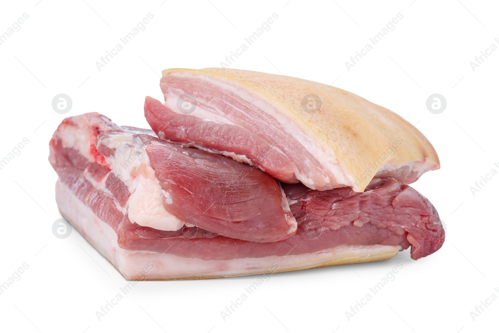 Photo of Pieces of raw pork belly isolated on white