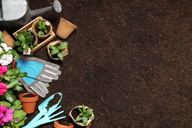 Photo of Flat lay composition with gardening equipment and flowers on soil, space for text