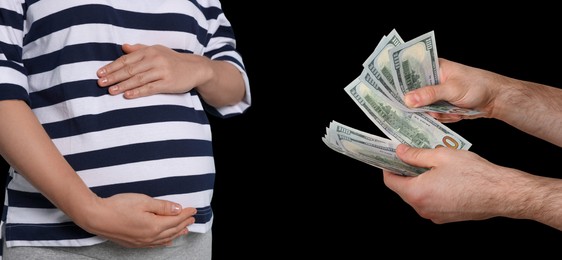 Image of Surrogacy. Intended father with money and pregnant woman on black background, closeup. Banner design