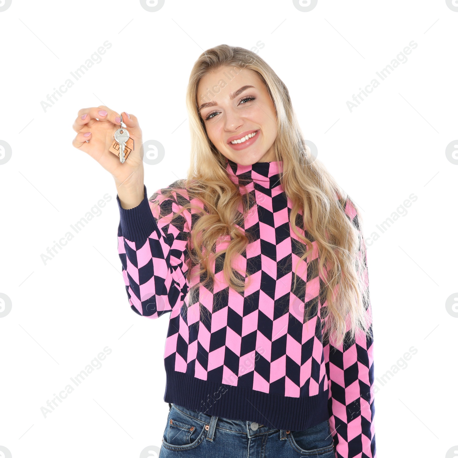 Photo of Happy young woman with house key on white background