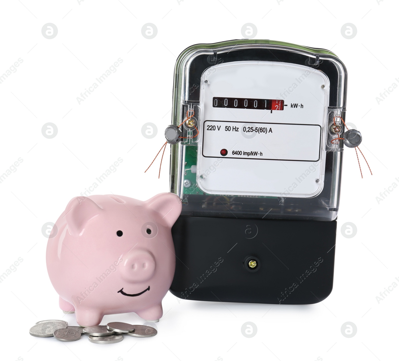 Photo of Electricity meter, pink piggy bank and coins on white background