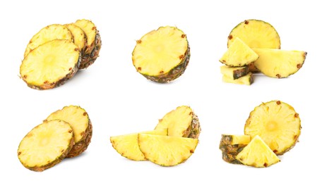 Image of Set with slices of juicy pineapple on white background