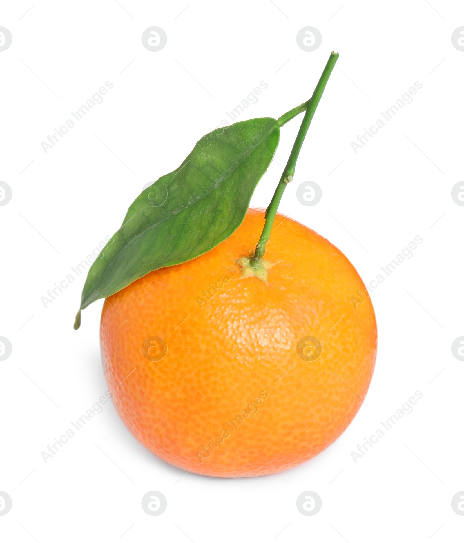 Photo of Fresh ripe juicy tangerine with green leaf isolated on white