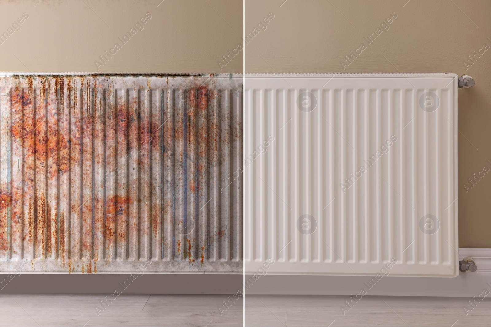 Image of Collage with photos of panel radiator affected by rust and new one on beige wall