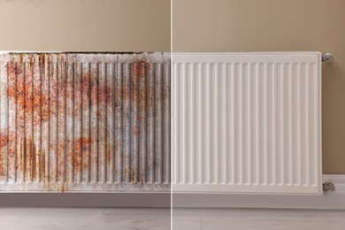 Image of Collage with photos of panel radiator affected by rust and new one on beige wall