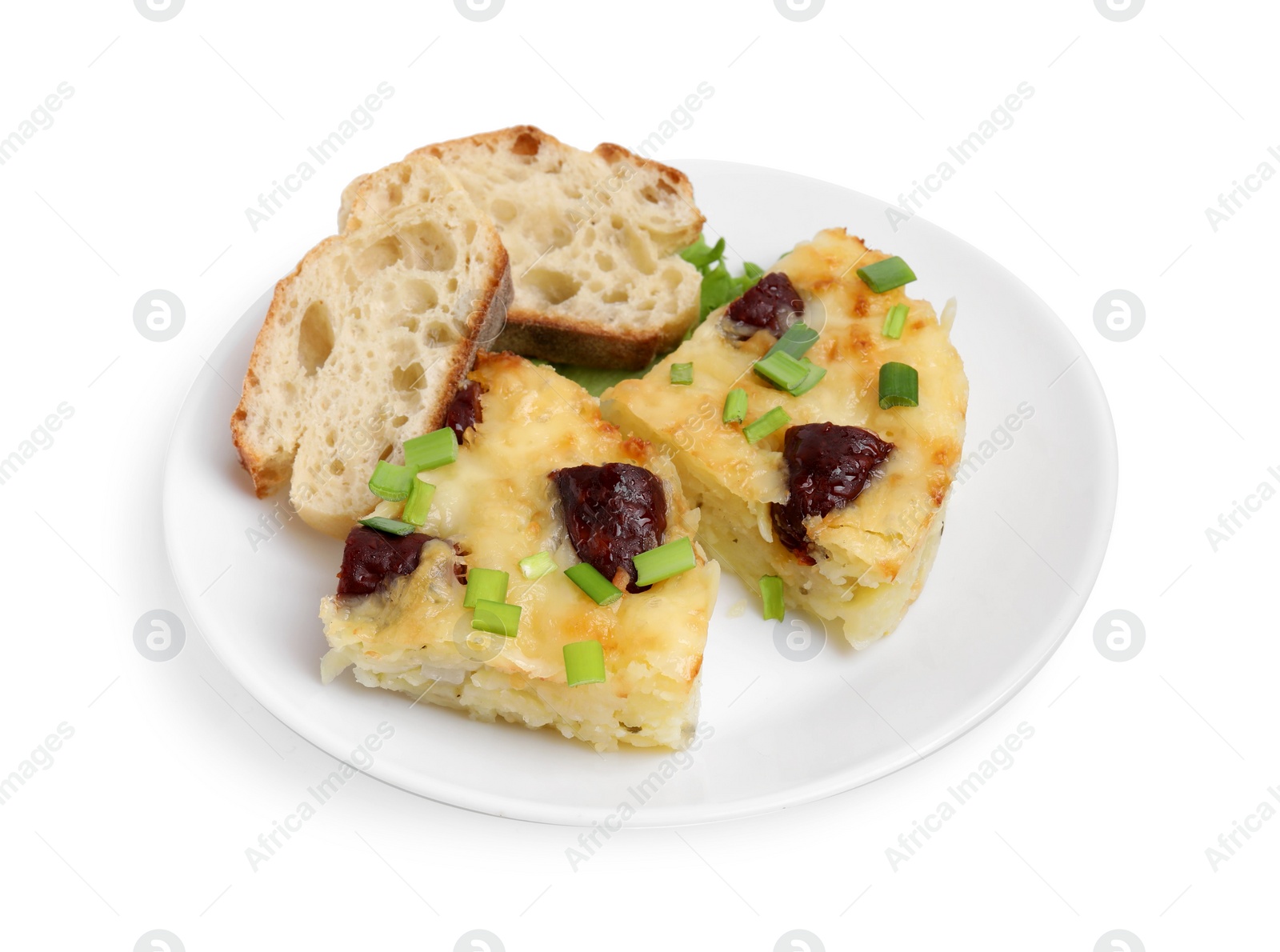 Photo of Tasty sausage casserole with green onion and bread isolated on white