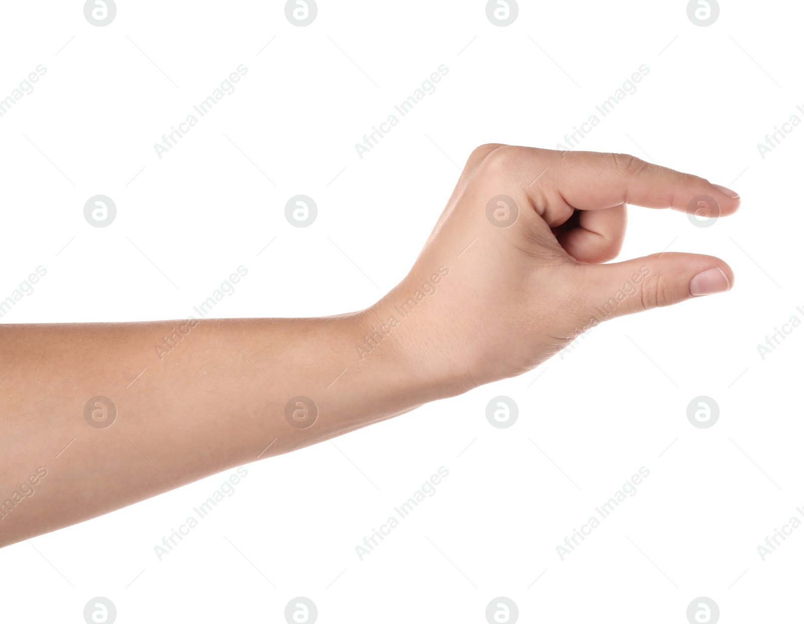 Photo of Man holding something on white background, closeup of hand