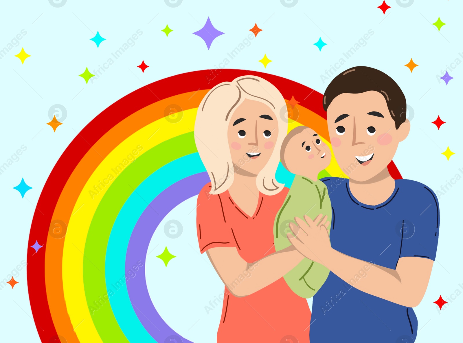 Illustration of National Rainbow Baby Day card. Happy family with little child, rainbow and stars on light background, illustration