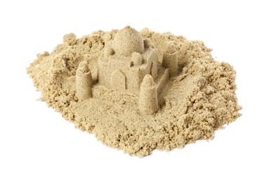 Photo of Pile of sand with beautiful castle isolated on white. Outdoor play