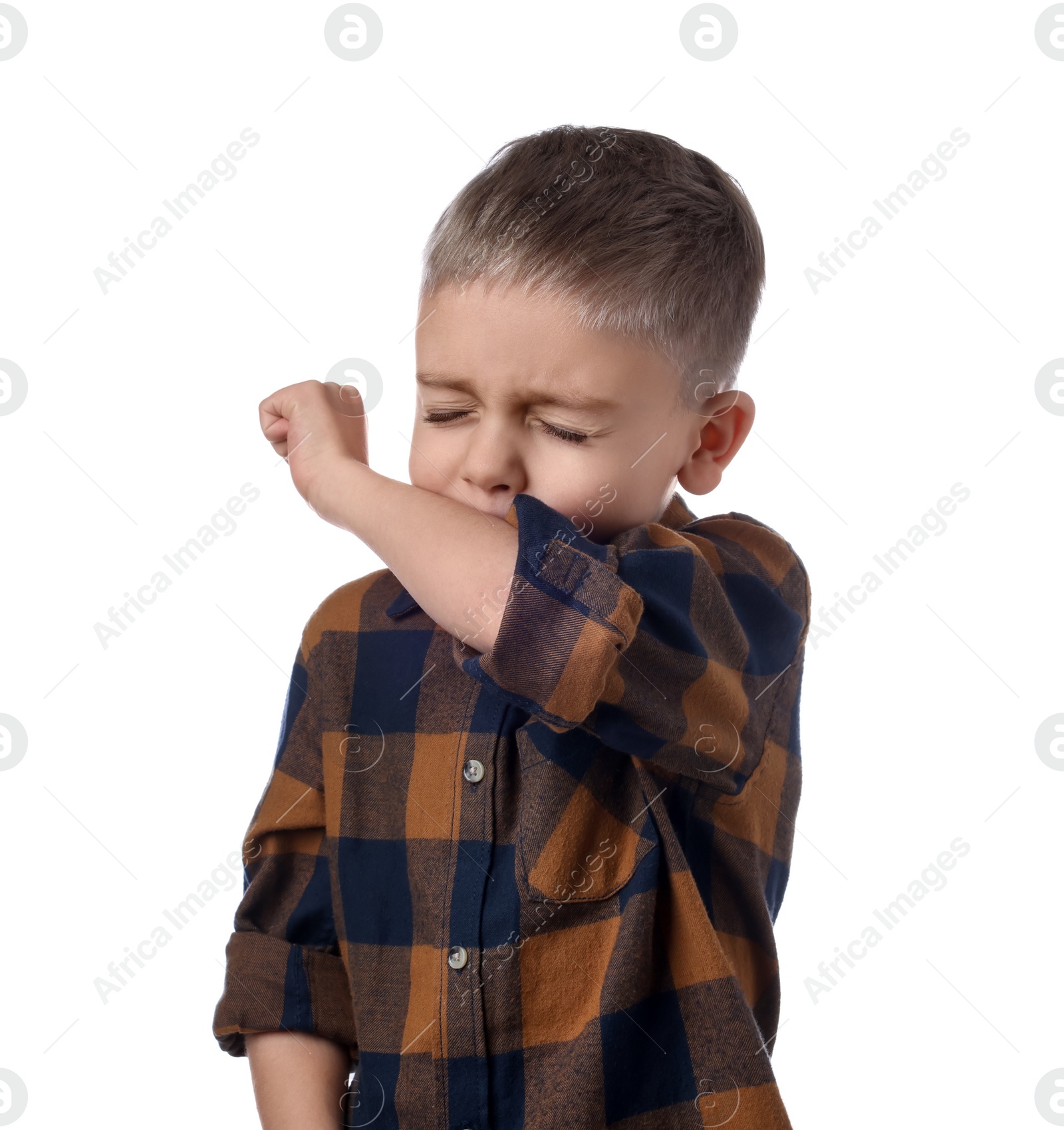 Photo of Sick boy coughing on white background. Cold symptoms