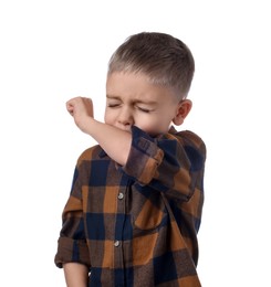 Sick boy coughing on white background. Cold symptoms