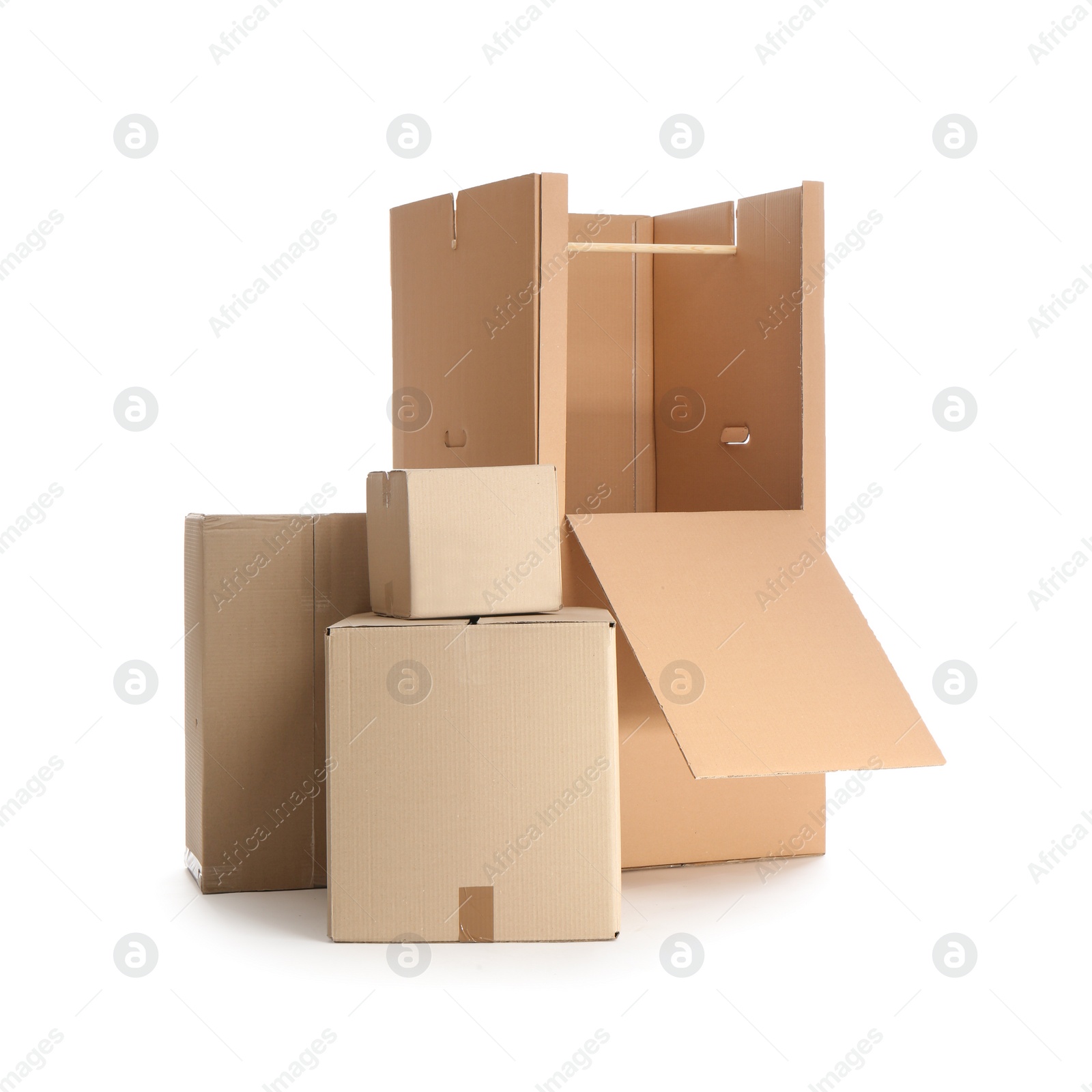 Photo of Empty cardboard wardrobe boxes on white background