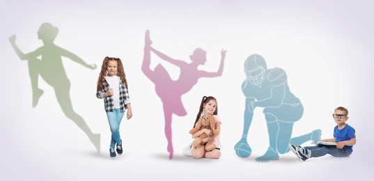 Image of Childhood dreams. Little kids against silhouettes of runner, ballet dancer and American football player
