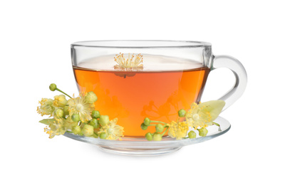 Photo of Cup of tea and linden blossom on white background