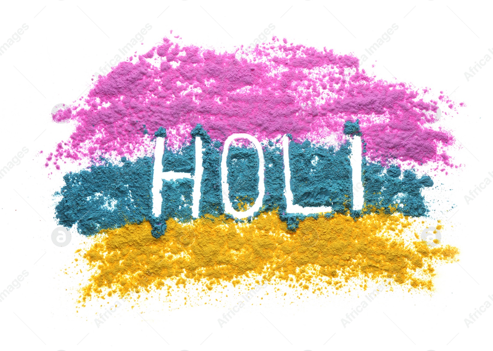 Photo of Colorful powders with word Holi on white background, top view