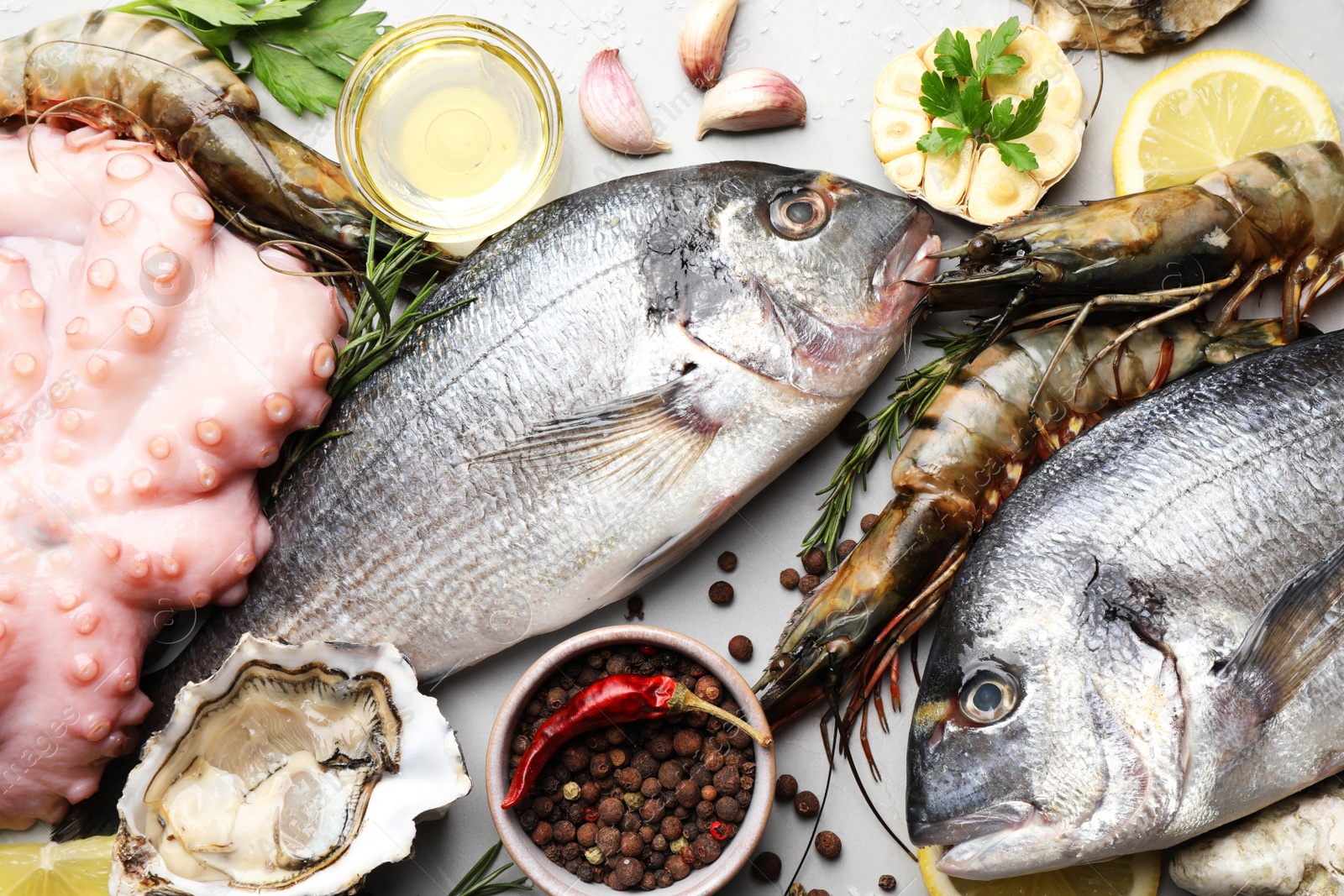 Photo of Fresh raw dorado fish and different seafood, spices on light grey table, flat lay