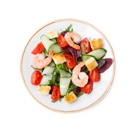 Photo of Tasty salad with croutons, tomato and shrimps isolated on white, top view