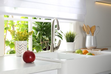 Photo of Beautiful white sink near window in modern kitchen