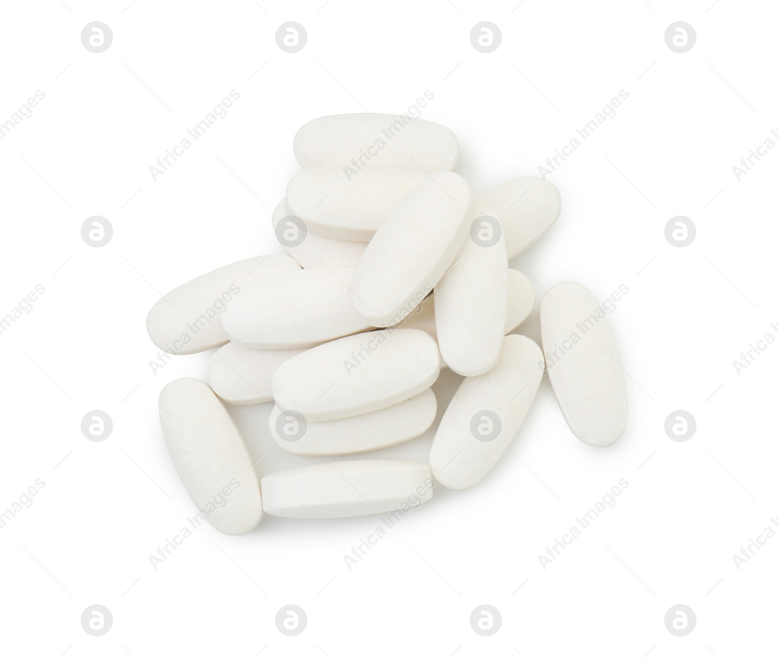 Photo of Vitamin pills isolated on white, top view. Health supplement